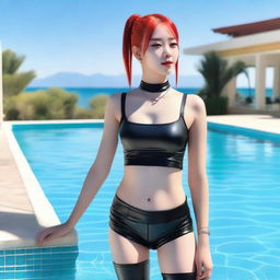 A girl with red ponytails stands beside the pool