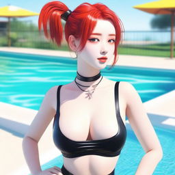 A girl with red ponytails stands beside the pool