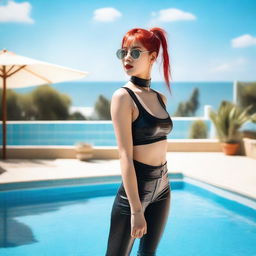 A girl with red ponytails stands beside the pool