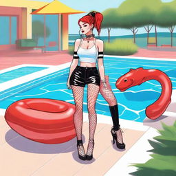 A girl stands beside a pool