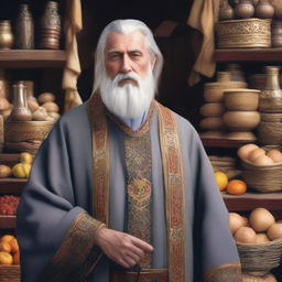 A medieval old merchant with gray hair and a beard, wearing high-quality robes