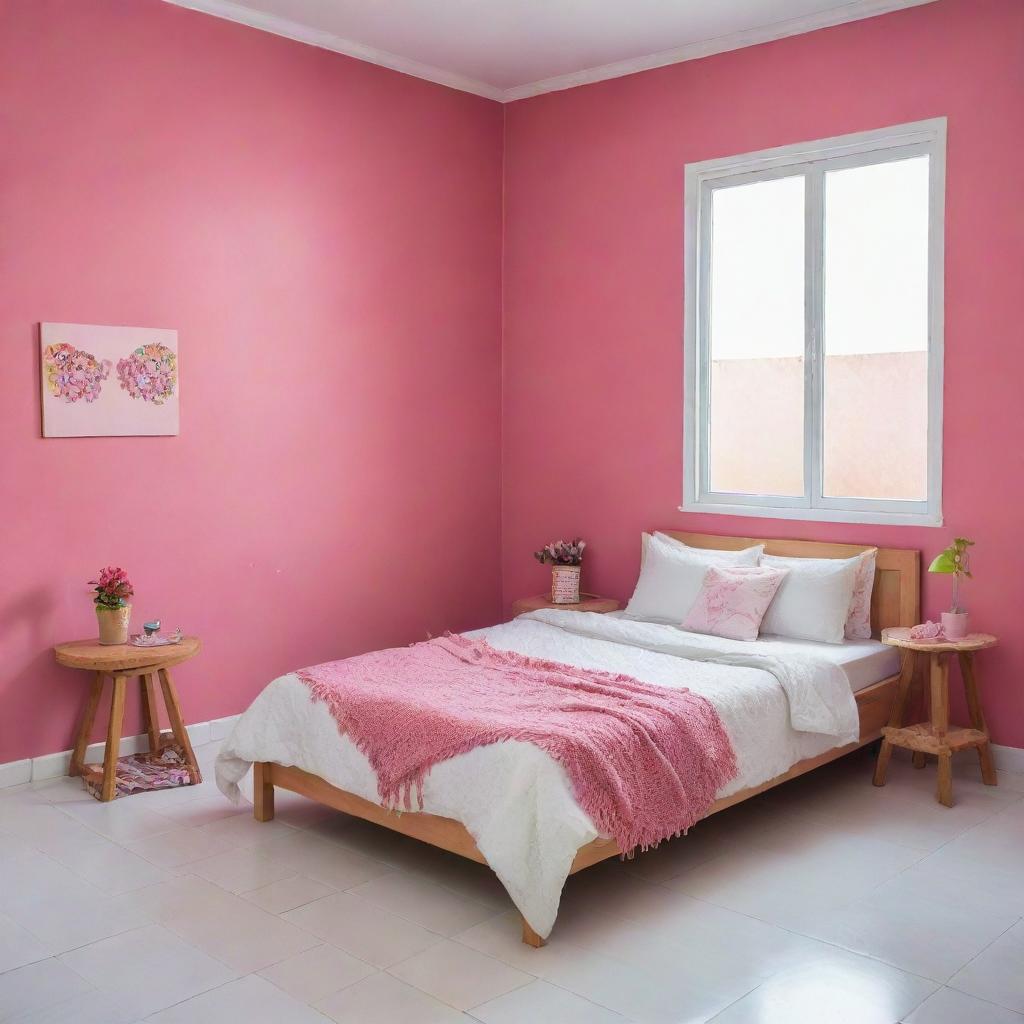 A tidily arranged girl's room in a Latin American setting with a pink wall and white tiled floor, featuring a white bed cover with matching cushions, absent of footboard, combining comfort with a vibrant splash of cultural color.