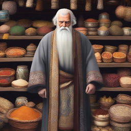 A medieval old merchant with gray hair and a beard, wearing high-quality robes