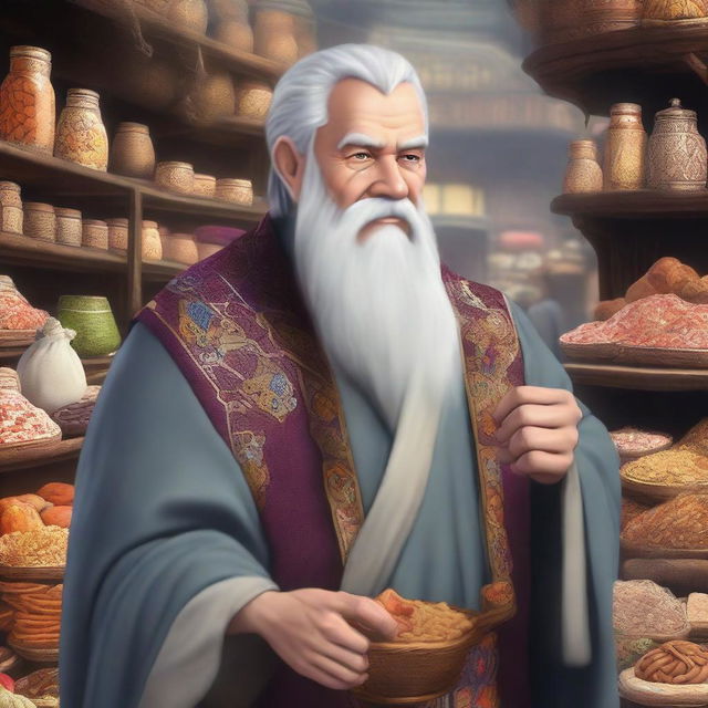 A medieval old merchant with gray hair and a beard, wearing high-quality robes