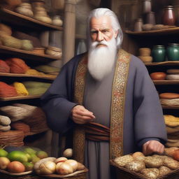 A medieval old merchant with gray hair and a beard, wearing high-quality robes