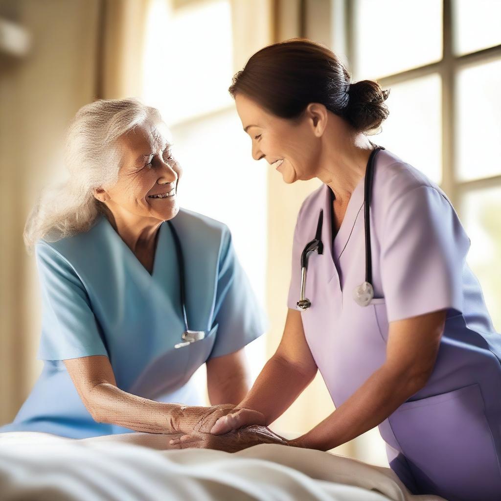 A heartwarming scene of a nurse providing care to an elderly patient in a cozy, well-lit room