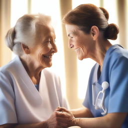 A heartwarming scene of a nurse providing care to an elderly patient in a cozy, well-lit room