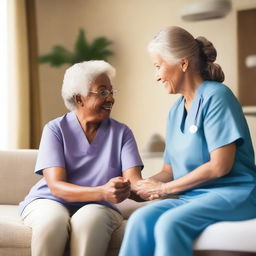 A heartwarming scene of a nurse providing care to an elderly patient in a cozy, well-lit room