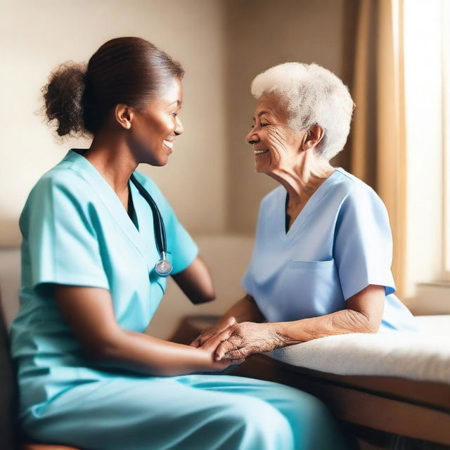 A heartwarming scene of a nurse providing care to an elderly patient in a cozy, well-lit room