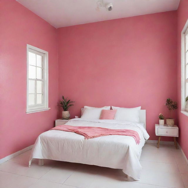 A tidily arranged girl's room in a Latin American setting with a pink wall and white tiled floor, featuring a white bed cover with matching cushions, absent of footboard, combining comfort with a vibrant splash of cultural color.