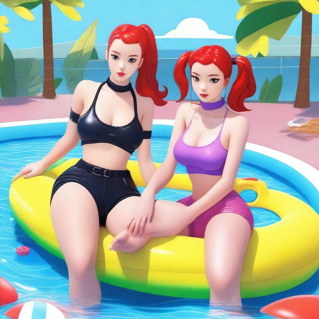 A girl with red ponytails stands beside a pool, wearing leather leggings, a crop top, fishnet gloves, and a choker