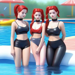 A girl with red ponytails stands beside a pool, wearing leather leggings, a crop top, fishnet gloves, and a choker