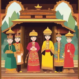 Create an image of traditional Minang culture, showcasing people in traditional Minangkabau attire, a traditional Minangkabau house, and elements of Minangkabau cuisine