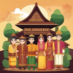 Create an image of traditional Minang culture, showcasing people in traditional Minangkabau attire, a traditional Minangkabau house, and elements of Minangkabau cuisine