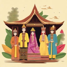 Create an image of traditional Minang culture, showcasing people in traditional Minangkabau attire, a traditional Minangkabau house, and elements of Minangkabau cuisine