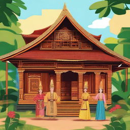 Create an image of traditional Minang culture, showcasing people in traditional Minangkabau attire, a traditional Minangkabau house, and elements of Minangkabau cuisine