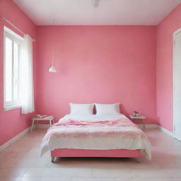 A tidily arranged girl's room in a Latin American setting with a pink wall and white tiled floor, featuring a white bed cover with matching cushions, absent of footboard, combining comfort with a vibrant splash of cultural color.