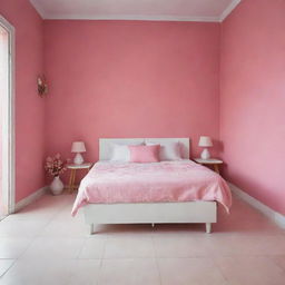 A tidily arranged girl's room in a Latin American setting with a pink wall and white tiled floor, featuring a white bed cover with matching cushions, absent of footboard, combining comfort with a vibrant splash of cultural color.