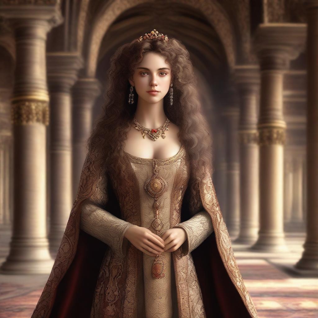 A medieval lady with light brown skin and brown curly hair, wearing high-quality robes