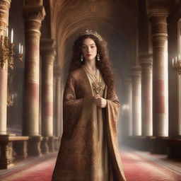 A medieval lady with light brown skin and brown curly hair, wearing high-quality robes