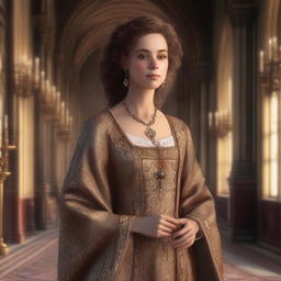 A medieval lady with light brown skin and brown curly hair, wearing high-quality robes