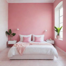 A focal image of a neatly arranged white bed with matching cushions in a girl's room, set in a Latin American environment with a pink wall and white tiled floor, the entire composition highlighting the tidy, white bed.