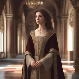 A medieval lady with light brown skin and brown curly hair, wearing high-quality robes