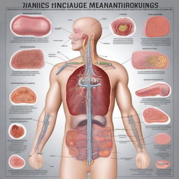 An educational illustration showing the impacts of heavy metal poisoning on human health and potential solutions