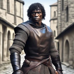 A well-built medieval man with black skin and short curly black hair, wearing leather armor and holding a longbow