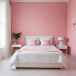 A focal image of a neatly arranged white bed with matching cushions in a girl's room, set in a Latin American environment with a pink wall and white tiled floor, the entire composition highlighting the tidy, white bed.