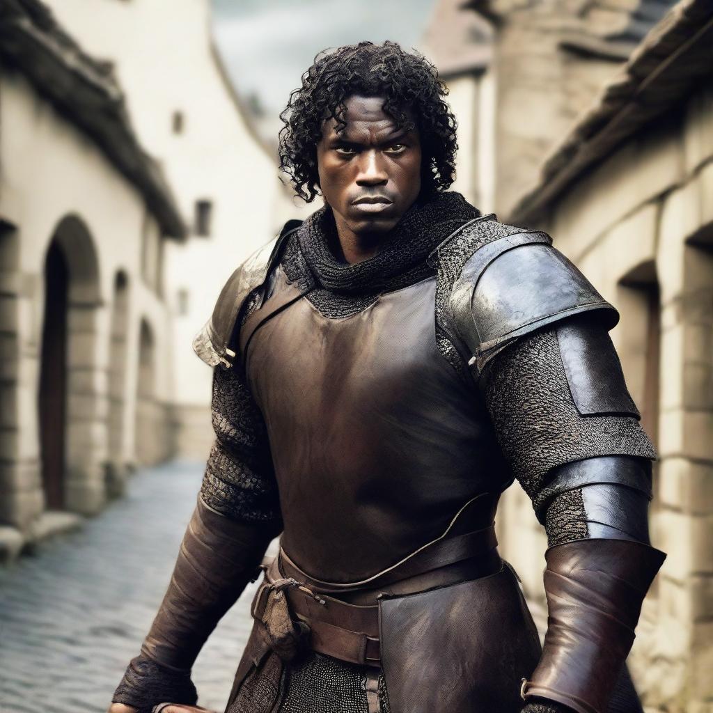 A well-built medieval man with black skin and short curly black hair, wearing leather armor and holding a longbow