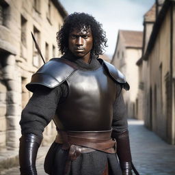 A well-built medieval man with black skin and short curly black hair, wearing leather armor and holding a longbow