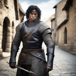 A well-built medieval man with black skin and short curly black hair, wearing leather armor and holding a longbow