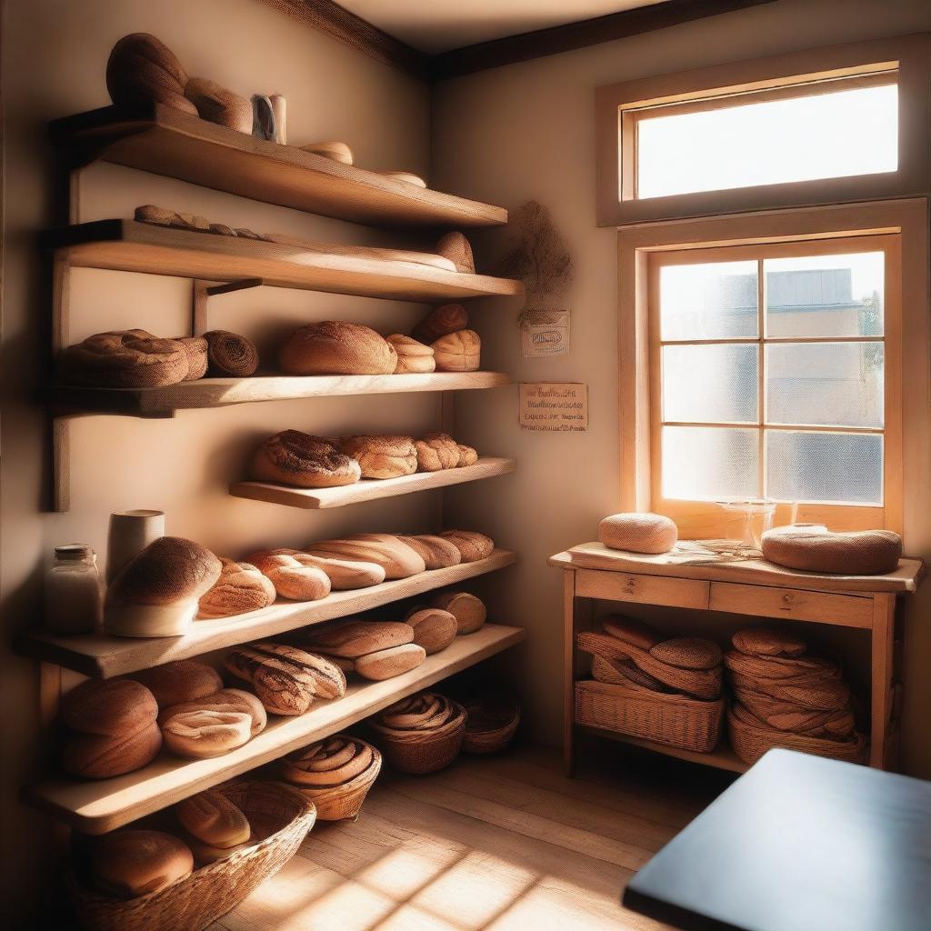 A cozy bakery kitchen with freshly baked bread, pastries, and cakes