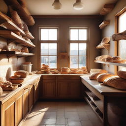 A cozy bakery kitchen with freshly baked bread, pastries, and cakes