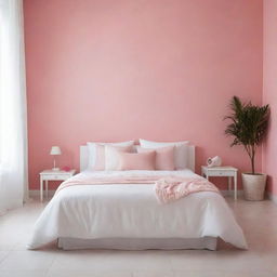 A focal image of a neatly arranged white bed with matching cushions in a girl's room, set in a Latin American environment with a pink wall and white tiled floor, the entire composition highlighting the tidy, white bed.