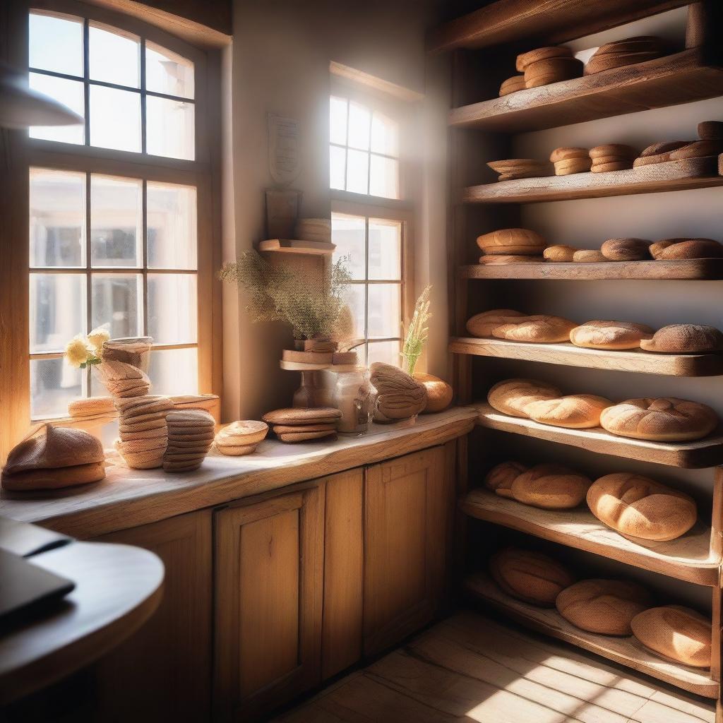 A cozy bakery kitchen with freshly baked bread, pastries, and cakes