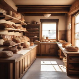 A cozy bakery kitchen with freshly baked bread, pastries, and cakes