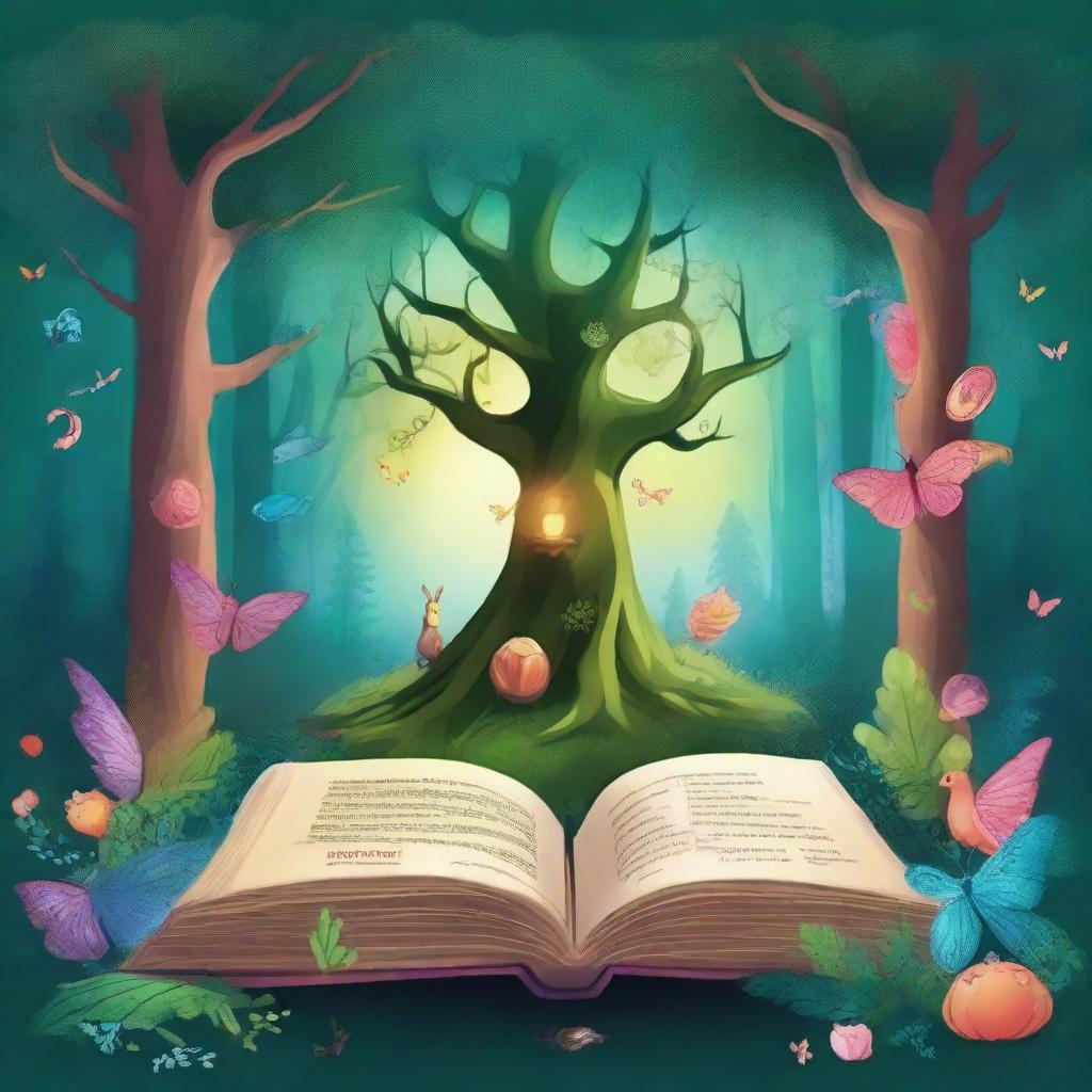 Create a captivating book cover featuring an enchanted forest with mystical creatures