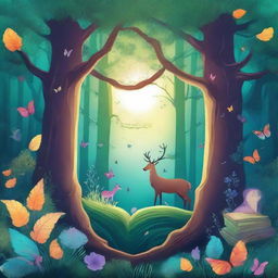 Create a captivating book cover featuring an enchanted forest with mystical creatures