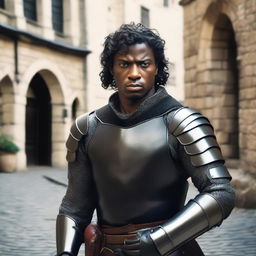 A well-built medieval man with black skin and short curly black hair, wearing leather armor