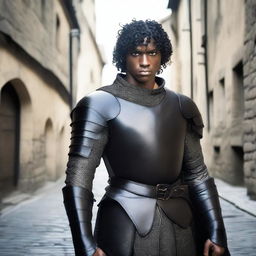 A well-built medieval man with black skin and short curly black hair, wearing leather armor