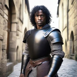 A well-built medieval man with black skin and short curly black hair, wearing leather armor