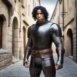 A well-built medieval man with black skin and short curly black hair, wearing leather armor