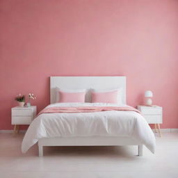 A focal image of a neatly arranged white bed with matching cushions in a girl's room, set in a Latin American environment with a pink wall and white tiled floor, the entire composition highlighting the tidy, white bed.