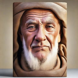 Create a detailed book cover featuring the face of a wise man