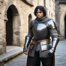 A well-built medieval man with black skin and very short curly black hair, wearing leather armor