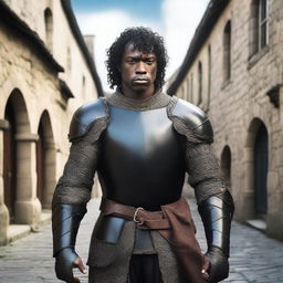 A well-built medieval man with black skin and very short curly black hair, wearing leather armor