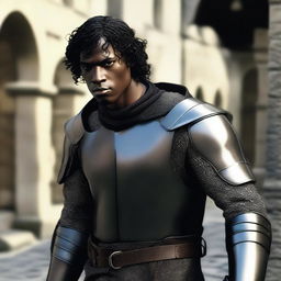 A well-built medieval man with black skin and very short curly black hair, wearing leather armor