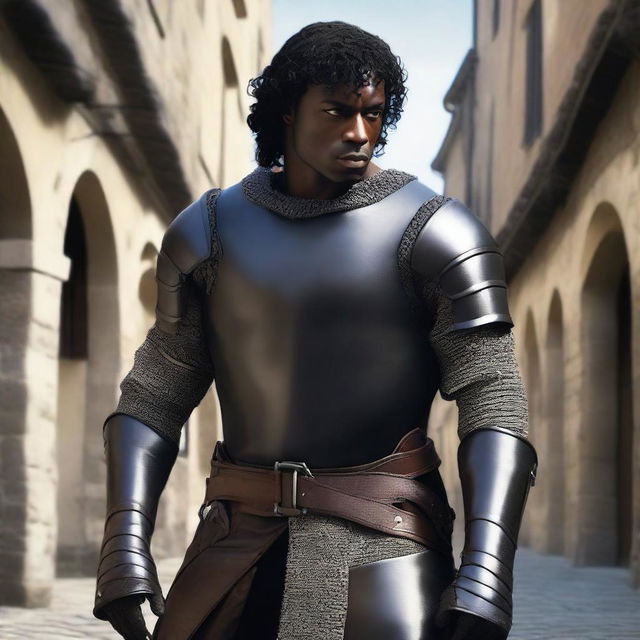 A well-built medieval man with black skin and very short curly black hair, wearing leather armor